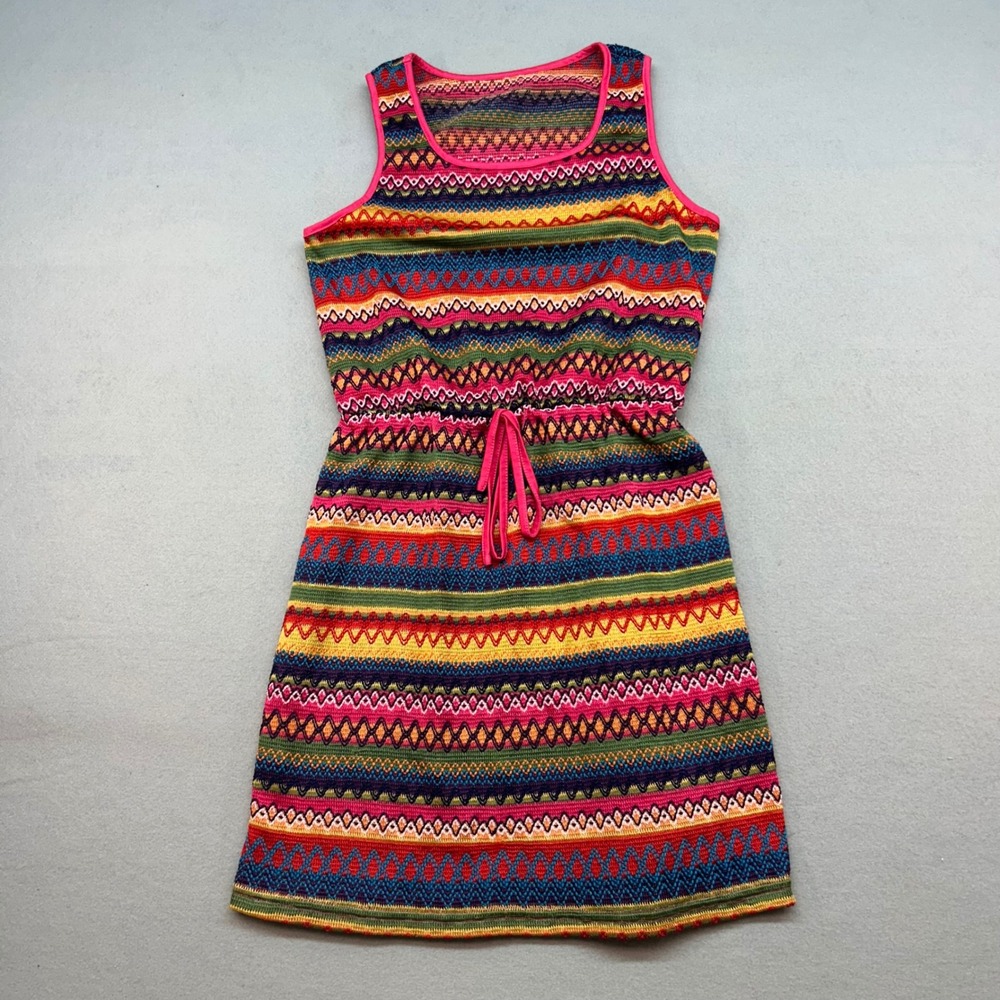 Colorful Geometric Knit Sleeveless Mini Dress Pink Trim Drawstring Waist